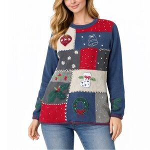 Cherokee Christmas Sweater Patchwork Style Sz M Womans Embellished Cotton blend
